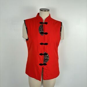 Womens Red Asian Chinese Vest Manderin Collar Button Kung Fu Size 6 READ Binzhou
